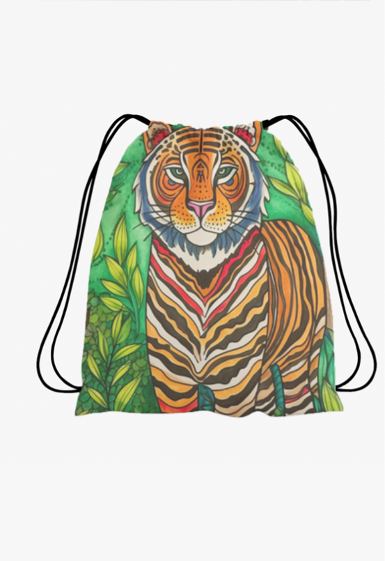 Tiger in Jungle-In Madhubani Style-Drawstring Bag